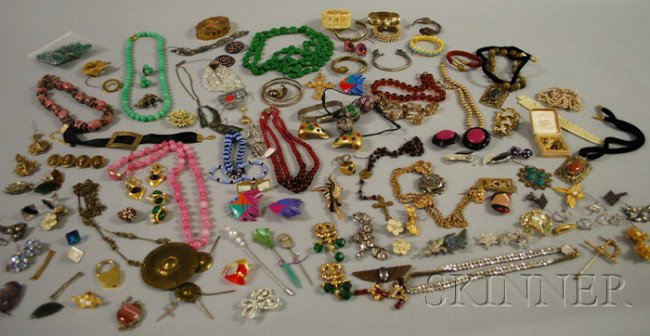 Large Group of Costume Jewelry, including beaded a: Large Group of Costume Jewelry, including beaded and hardstone necklaces, bangle bracelets, sterling silver pieces, cuff links, vintage brooches, and other items