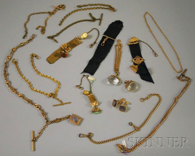 Group of Mostly Gilt Watch Chains and Fobs, includ: Group of Mostly Gilt Watch Chains and Fobs, including some gem-set or hardstone examples, and a pair of gold-filled Swank cuff links.