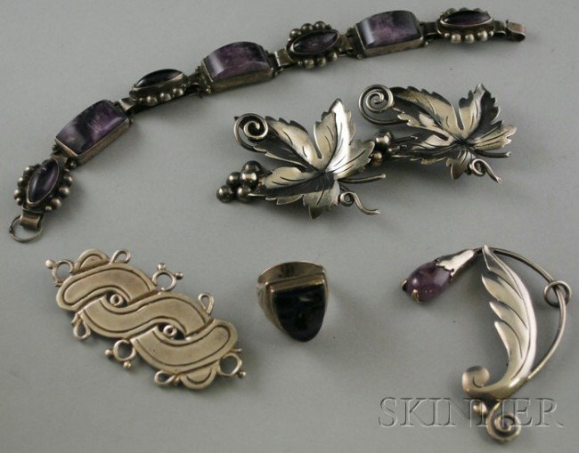 Small Group of Mexican Sterling Silver Jewelry, a : Small Group of Mexican Sterling Silver Jewelry, a William Spratling brooch, three Damaso Gallegos brooches, Taxco, and an additional amethyst bracelet and hardstone ring.