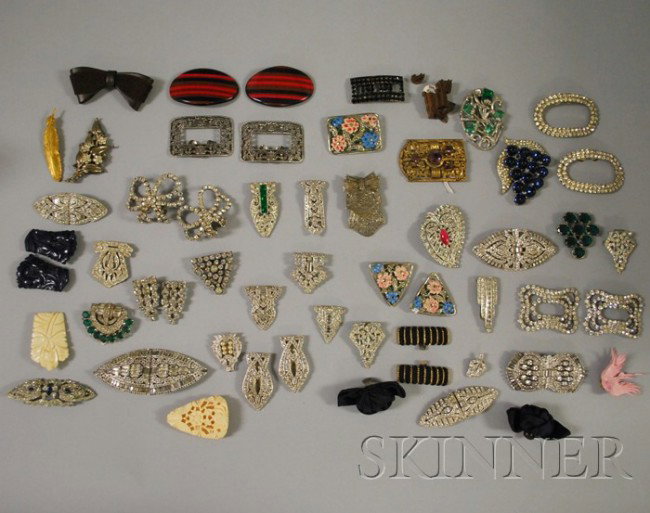 Large Group of Rhinestone and Paste Jewelry Items,: Large Group of Rhinestone and Paste Jewelry Items, including buckles, dress clips, and brooches.