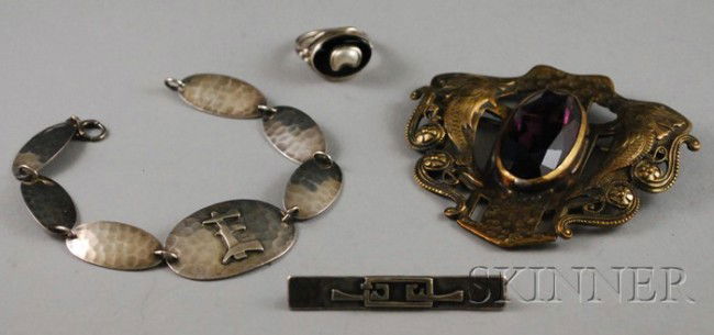 Four Jewelry Items, a brass Apollo Studios brooch,: Four Jewelry Items, a brass Apollo Studios brooch, a sterling silver, onyx, and freshwater pearl ring, a sterling silver bar pin, and a sterling silver bracelet, marked "SAS."