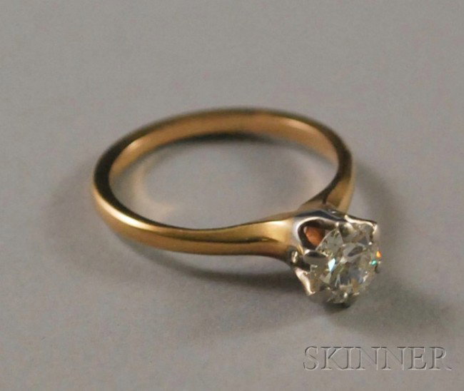 14kt Gold and Old European-cut Diamond Solitaire R: 14kt Gold and Old European-cut Diamond Solitaire Ring, approx. 0.63 cts., size 4 3/4.