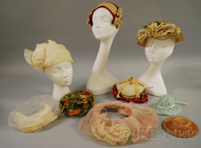 Group of Vintage Hats, including a pink tulle and : Group of Vintage Hats, including a pink tulle and satin McCreery, several straw caps, two doll hats, and others.