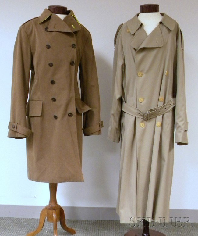 Two Vintage Jackets, a men's Herm?s trench coat, a: Two Vintage Jackets, a men's Herm?s trench coat, and a lady's neon-yellow-lined olive green double-breasted jacket, size medium.