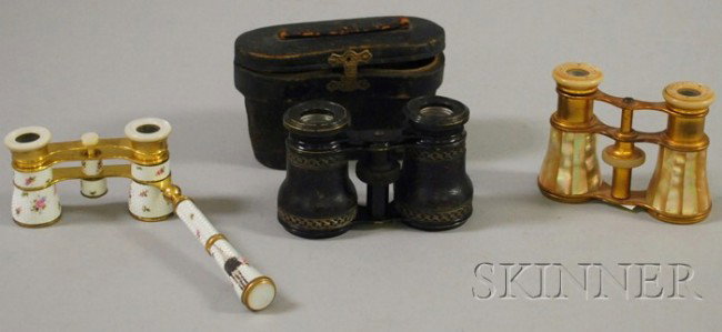 Three Pairs of Vintage European Opera Glasses, one: Three Pairs of Vintage European Opera Glasses, one Lemaire Paris mother-of-pearl, one Busch Multinett enamel (damage), and one Jumelle Chevalier leather, cased.