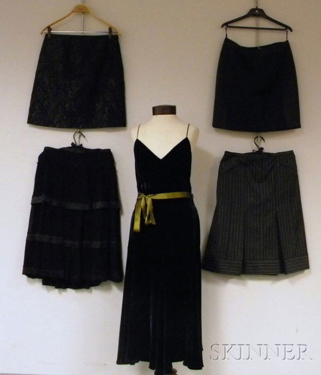 Group of Woman's Designer Garments, a dark turquoi: Group of Woman's Designer Garments, a dark turquoise velvet Betsey Johnson dress, an Anna Sui black brocade miniskirt, two Cacharel skirts, and an additional unlabeled gray wool and black satin skirt,