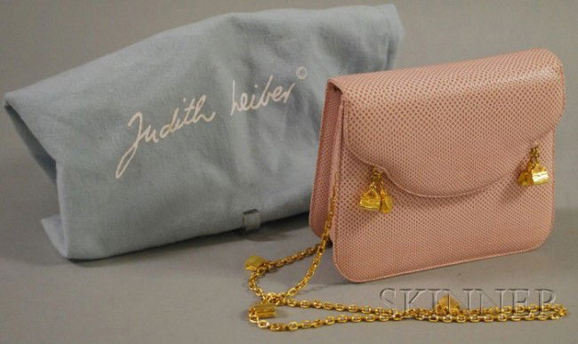 Pink Judith Leiber Snakeskin Purse, with gold-tone: Pink Judith Leiber Snakeskin Purse, with gold-tone chain decorated with charms of a variety of purses, small matching coin purse inside, in original duster, wd. 7 1/4 at base, ht. 6 in.