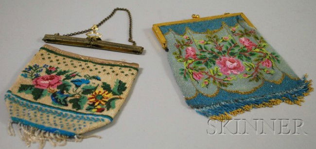 Two Vintage Beaded Purses, one framed in gilt silv: Two Vintage Beaded Purses, one framed in gilt silver, the frame detached from the other, (some bead loss).