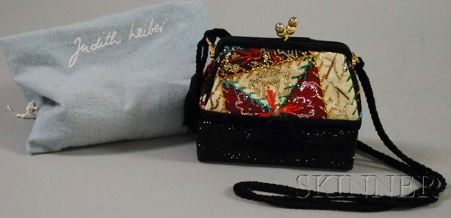 Small Judith Leiber Black Beaded Evening Bag, with: Small Judith Leiber Black Beaded Evening Bag, with vanity set in base, comprised of mirror, comb, and small black satin pouch, in original duster.