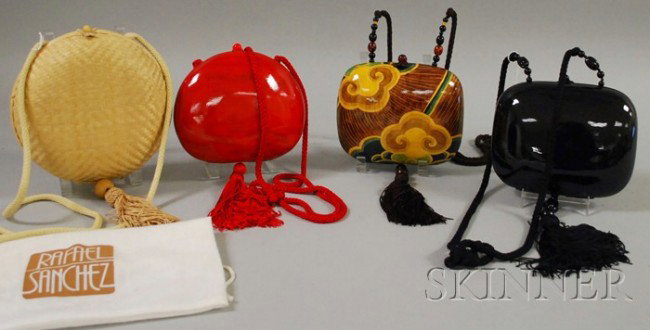 Four Rafael Sanchez Handbags, three painted wood a: Four Rafael Sanchez Handbags, three painted wood and a woven bamboo, the bamboo with original duster.