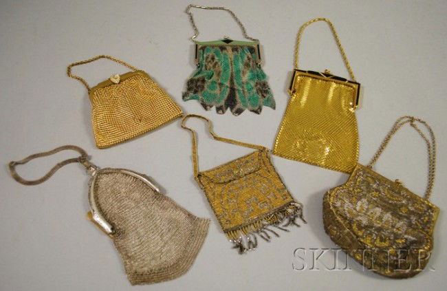 Six Antique Beaded and Mesh Purses, including two: Six Antique Beaded and Mesh Purses, including two French beaded bags and three Whiting & Davis metal mesh purses, two with Art Deco enameled frames.
