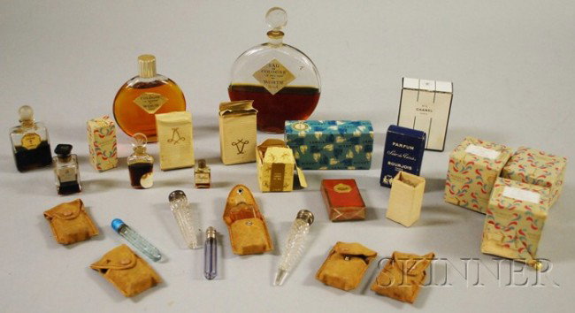 Large Group of Vintage Perfume Bottles and Scent V: Large Group of Vintage Perfume Bottles and Scent Vials, some in original packaging, including Chanel, Marquay, F. Millot, and Lanvin.