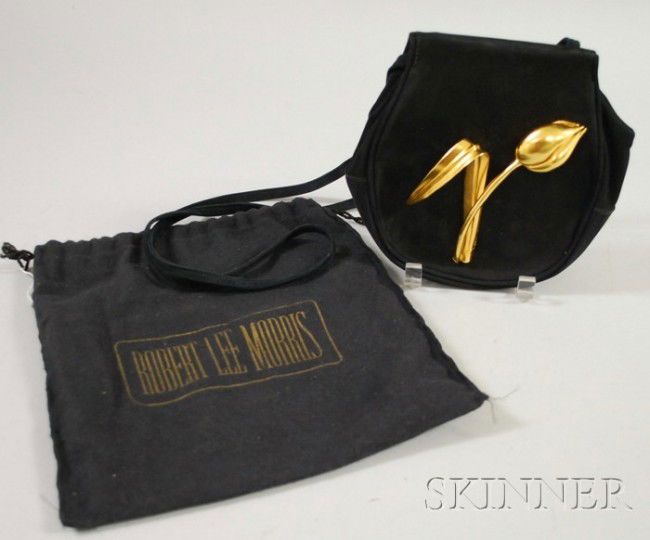Robert Lee Morris Black Suede Evening Bag, large g: Robert Lee Morris Black Suede Evening Bag, large gold-tone tulip mounted on the side, with original duster, bag ht. 7 1/2, wd. approx. 7 in.