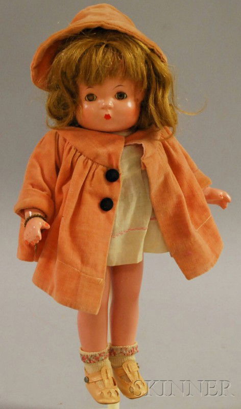 Effanbee Patsy Composite Doll, gold sleep eyes, c: Effanbee Patsy Composite Doll, gold sleep eyes, closed mouth, brown wig, white gown, peach jacket, pink shoes, ht. 15 in.