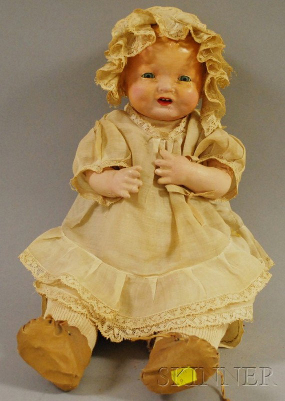 Effanbee "Bubbles" Shoulder Head Baby Doll, paint: Effanbee "Bubbles" Shoulder Head Baby Doll, painted tin blue sleep eyes, white lace trim cotton dress, ht. 14 in., (booties possibly replaced, retouched face).