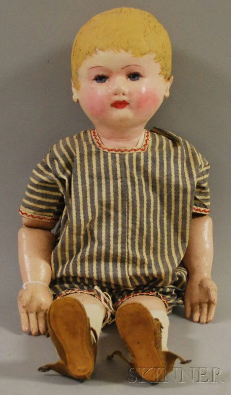 Martha Chase Doll, Pawtucket, Rhode Island, early: Martha Chase Doll, Pawtucket, Rhode Island, early 20th century, painted blue eyes, closed mouth, painted blond wig, blue and white striped cotton romper, brown leather sandals, ht. 27 in., (face has b