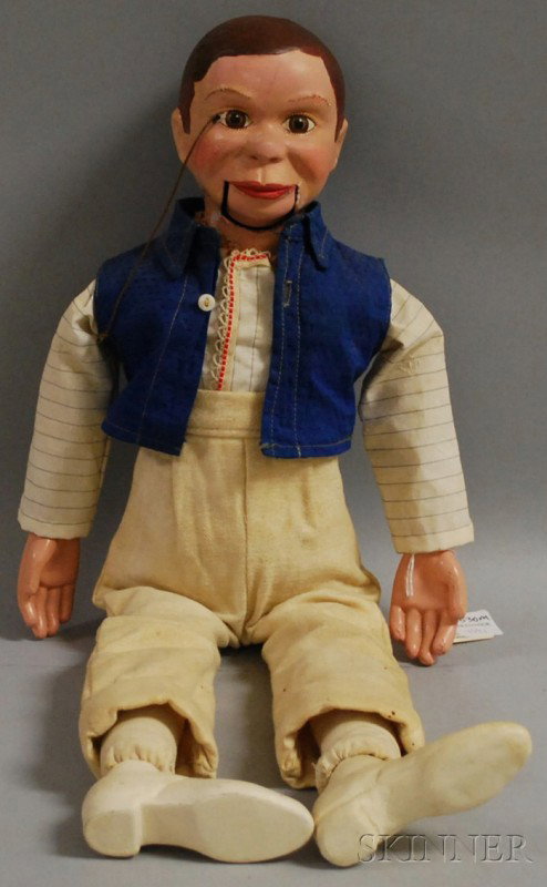 Effanbee Charlie McCarthy Doll, painted brown eye: Effanbee Charlie McCarthy Doll, painted brown eyes, jointed mouth, painted brown wig, early or original clothes, ht. 21 in., (some repaint on face).