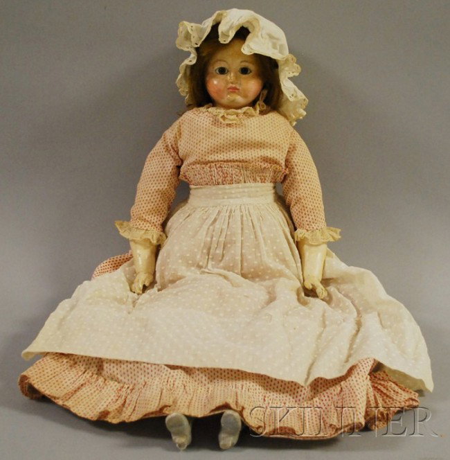 Papier-mâché Shoulder Head Doll, fixed brown eye: Papier-mâché Shoulder Head Doll, fixed brown eyes, brown wig, closed mouth, old red and white dress and white printed cotton dress, replaced undergarments, painted gray boots, ht. 25 in.