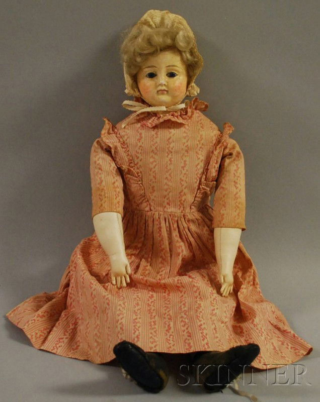 Papier-mâché Shoulder Head Doll, blue fixed glass: Papier-mâché Shoulder Head Doll, blue fixed glass eyes, closed mouth, gray/blond hair, cloth body, replaced kid leather arms, red and white dress, old undergarments, white bonnet, old shoes, ht. 23