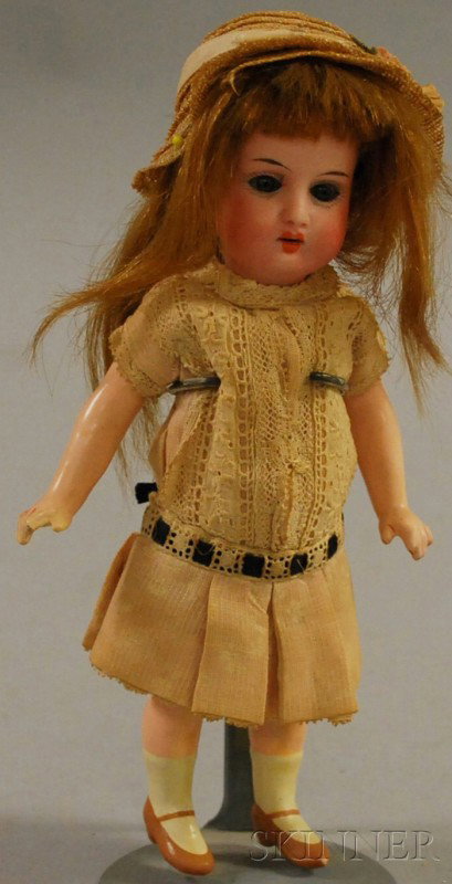 Heubach Koppelsdorf German Bisque Head Doll, fixe: Heubach Koppelsdorf German Bisque Head Doll, fixed blue eyes, open mouth, brown wig, composite body, tan dress, straw hat, ht. 8 in.