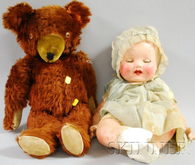Large Composite Baby Doll with Brown Reticulated: Large Composite Baby Doll with Brown Reticulated Acrylic Teddy Bear, (baby doll has damage).