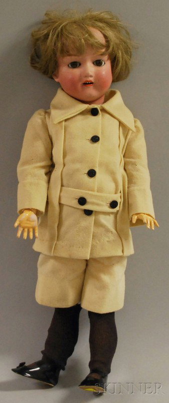 Japanese Composite Toy Boy Doll, stamped 76018 Ni: Japanese Composite Toy Boy Doll, stamped 76018 Nippon, brown sleep eyes, open mouth, blond wig, white suit with black buttons, socks and shoes, ht. 23 in.