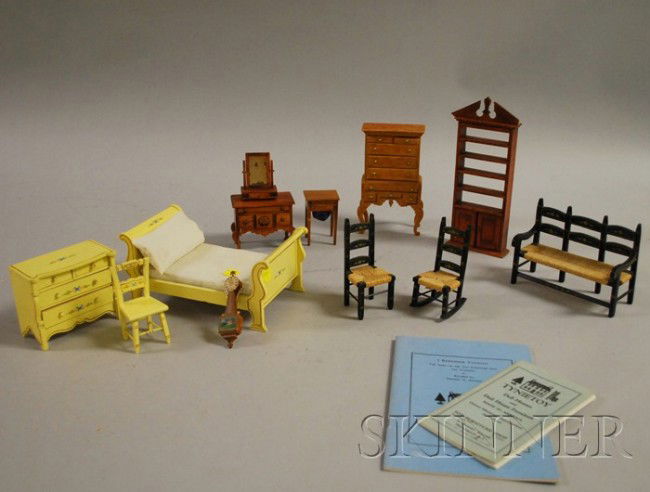 Twelve Tynietoy Dollhouse Furniture Miniatures, i: Twelve Tynietoy Dollhouse Furniture Miniatures, includes a painted bed, stand and chair, highboy, lowboy, bench, open cupboard, work table, clock, shaving mirror etc., includes reprint of Tynietoy cat