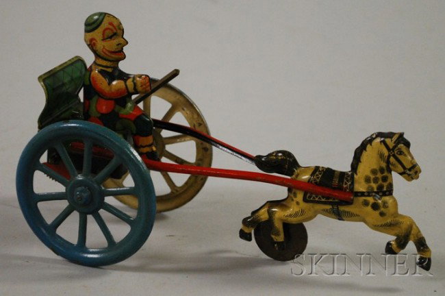 Lehmann Punch Chariot Tin Wind-up Toy, Germany, : Lehmann Punch Chariot Tin Wind-up Toy, Germany, lever drives rear wheels, lg. 7 1/2 in.