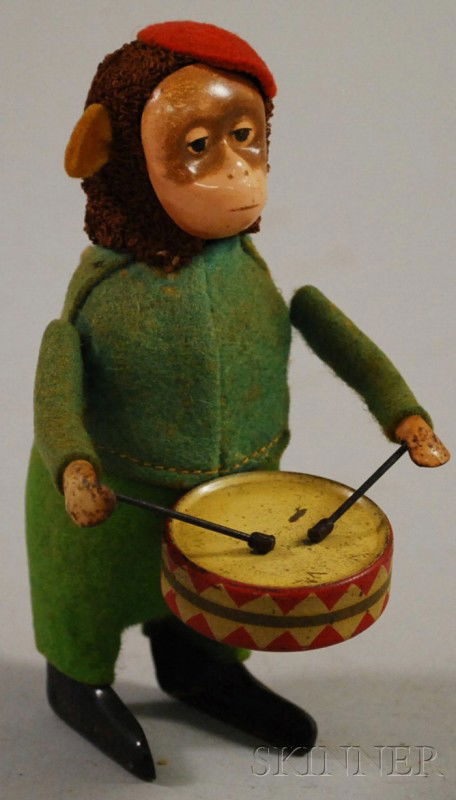 Schuco German Tin Wind-up Monkey Drummer Toy.: Schuco German Tin Wind-up Monkey Drummer Toy.