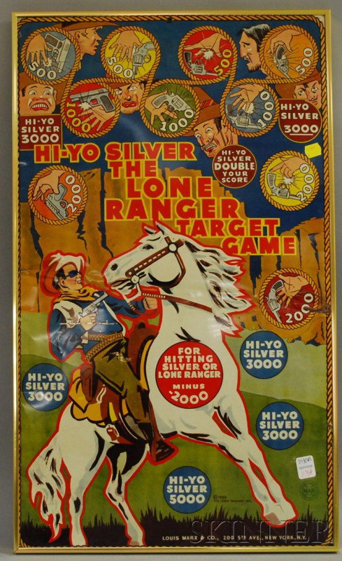 Marx Lithographed Tin "Hi-Yo Silver, Lone Ranger: Marx Lithographed Tin "Hi-Yo Silver, Lone Ranger Target Game," (framed), panel approx. 27 x 16 in.