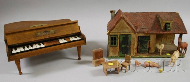 Rustic Wood and Plaster Toy Farmhouse, with furn: Rustic Wood and Plaster Toy Farmhouse, with furniture, and animals, with a Walnut "Grand Piano".