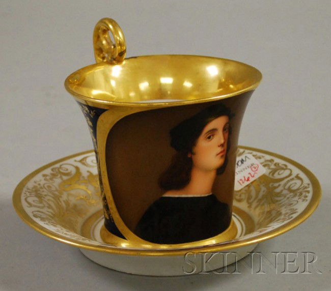 Paris Porcelain Gilt and Hand-painted Portrait-de: Paris Porcelain Gilt and Hand-painted Portrait-decorated Tea Cup and Saucer, (handle broken and reattached at side joint, saucer with rim chips and short hairline), saucer dia. 6 3/4 in.