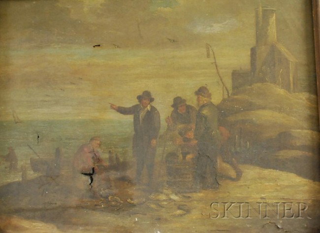 Continental School, 19th Century Shoreline Scene : Continental School, 19th Century Shoreline Scene with Figures Viewing the Catch. Oil on canvas, 25 3/4 x 34 3/4 in., framed. Condition: Tears, punctures, patch reinforcement, craquelure, lifting, exte