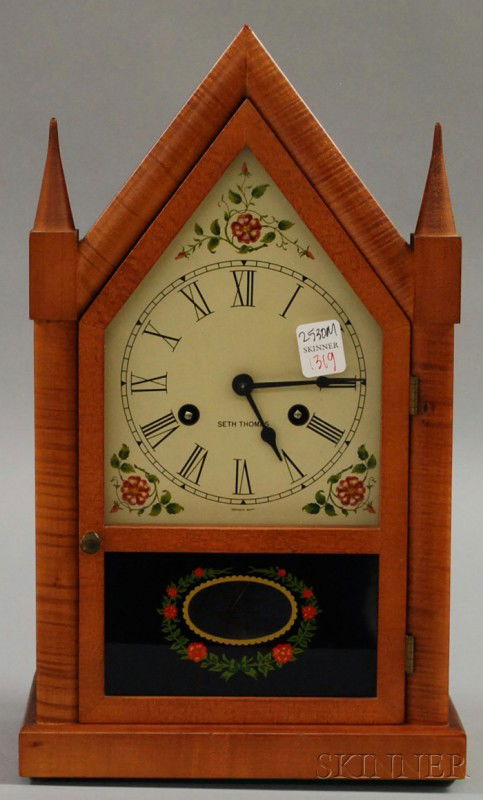 Modern Seth Thomas Tiger Maple Steeple Shelf Cloc: Modern Seth Thomas Tiger Maple Steeple Shelf Clock, with brass eight-day key-wound movement.