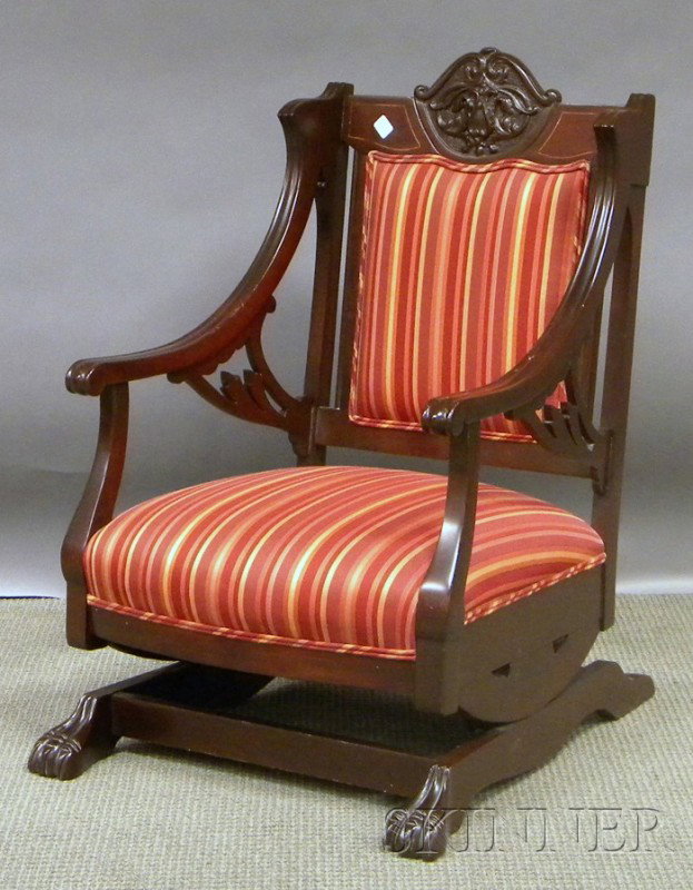 Edwardian Upholstered Inlaid Carved Mahogany Pla: Edwardian Upholstered Inlaid Carved Mahogany Platform Rocker.