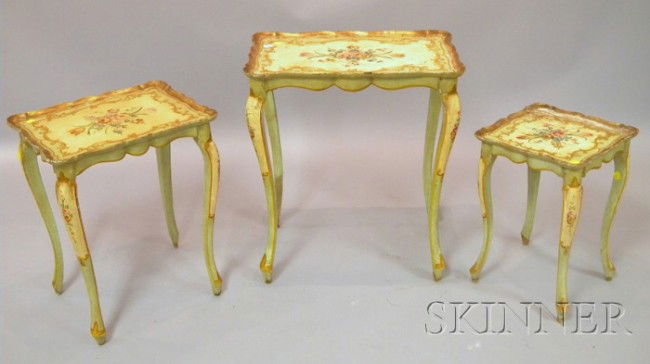 Set of Three Nesting Venetian-style Gilt and Poly: Set of Three Nesting Venetian-style Gilt and Polychrome Paint-decorated Wooden Tray-top Stands.