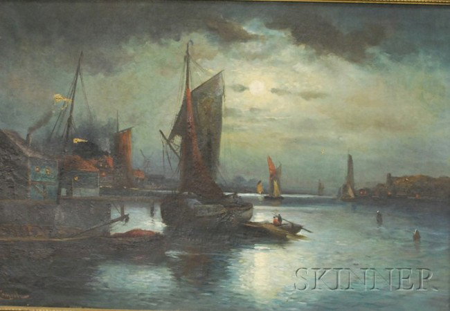 Italian School, 19th Century Moonlit Harbor Signe: Italian School, 19th Century Moonlit Harbor Signed "V. Comelli" l.l. Signed "V. Comelli" l.l. Oil on canvas, 20 x 30 in., framed. Condition: Losses, puncture c.l.. Oil on canvas, 20 x 30 in. (50.8 x 7