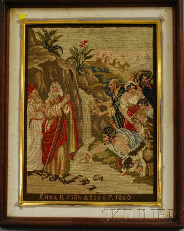 Framed 1860 Eliza R. Fish Needlepoint Biblical Sc: Framed 1860 Eliza R. Fish Needlepoint Biblical Scene, sight size 20 1/4 x 15 in.