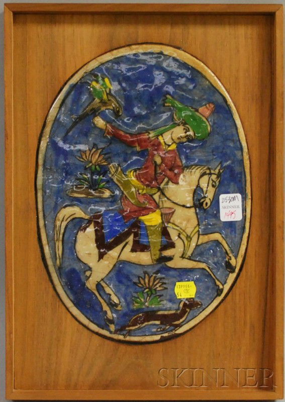 Framed Oval Persian Glazed Hunting Scene Decorate: Framed Oval Persian Glazed Hunting Scene Decorated Ceramic Tile, tile lg. 11 7/8 in.