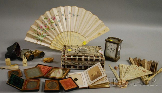 Group of Miscellaneous Mostly 19th Century Items,: Group of Miscellaneous Mostly 19th Century Items, a French brass carriage clock, an Indian ivory and tortoiseshell-mounted box, four ivory hand fans, opera glasses, three small ivory carved items, a s