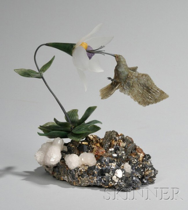 Geode and Carved Jade Floral and Hummingbird Figu: Geode and Carved Jade Floral and Hummingbird Figural Group, possibly labradorite, with a case, group ht. 7 3/4 in.