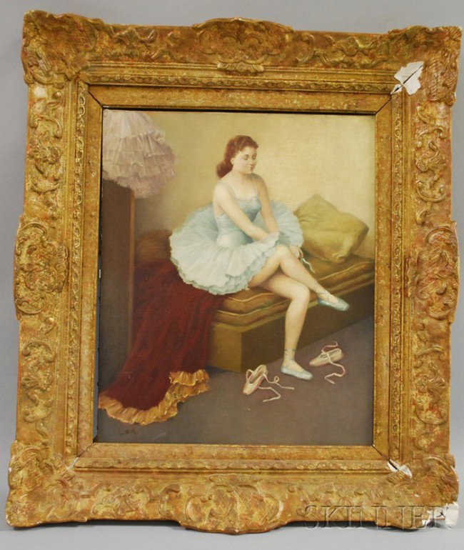 Manner of Louis Kronberg (American, 1872-1965) Se: Manner of Louis Kronberg (American, 1872-1965) Seated Ballerina in Blue. Bears monogram "L. [Star of David] K." l.l. Oil on canvas, 18 x 15 in., framed. Condition: Tack holes in the corners, wear to c