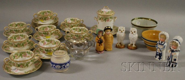 Thirty-two Pieces of Miscellaneous Mostly Ceramic: Thirty-two Pieces of Miscellaneous Mostly Ceramic Tableware and Table Items, Limoges jar, eight cups, and thirteen saucers, a small yellowware bowl, an ironstone wastebowl, a Dedham Pottery rabbit pat