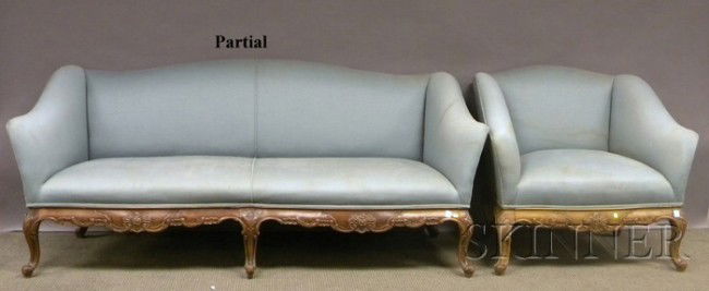 Three-piece Louis XV-style Upholstered Carved Wal: Three-piece Louis XV-style Upholstered Carved Walnut Seating Suite, a sofa and a pair of armchairs.