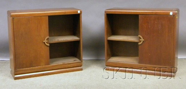 Pair of Modern Walnut Veneer Side Cabinets, possi: Pair of Modern Walnut Veneer Side Cabinets, possibly Gilbert Rohde, approx. ht. 31, wd. 33 3/4, dp. 11 in.