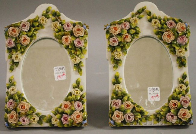 Pair of Sitzendorf Hand-painted Floral Encrusted: Pair of Sitzendorf Hand-painted Floral Encrusted Porcelain Table Mirrors, ht. 9 1/2, wd. 6 1/2 in.