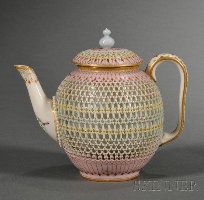 Royal Worcester Porcelain Reticulated Double-walled: Royal Worcester Porcelain Reticulated Double-walled Teapot and Cover, England, c. 1875, attributed to George Owen, globular shape with pierced honeycomb body trimmed in gold and enamel decorated, whit