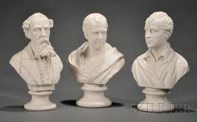 Three Staffordshire Parian Portrait Busts, England,: Three Staffordshire Parian Portrait Busts, England, c. 1880, each mounted atop a waisted circular socle, including Dickens, Scott and Byron, ht. 12 3/4 to 13 in.