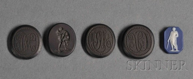 Five Small Wedgwood Items, England, 18th and 19th : Five Small Wedgwood Items, England, 18th and 19th century, including four marked Wedgwood & Bentley oval intaglios, one depicting "Hercules Strangling the Nemean Lion", together with three having mono
