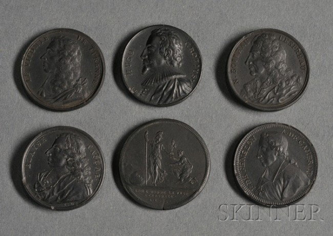 Six Black Basalt Medallions, England, 18th centur: Six Black Basalt Medallions, England, 18th century, attributed to Wedgwood & Bentley, five with portraits including four French and one Dutch subject, together with a double-sided with historical subj
